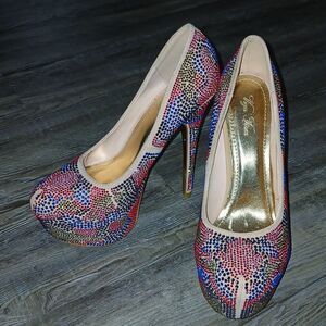 Viga Fiore multicolor rhinestone platform 6" heels  Sz 8.5 EUC